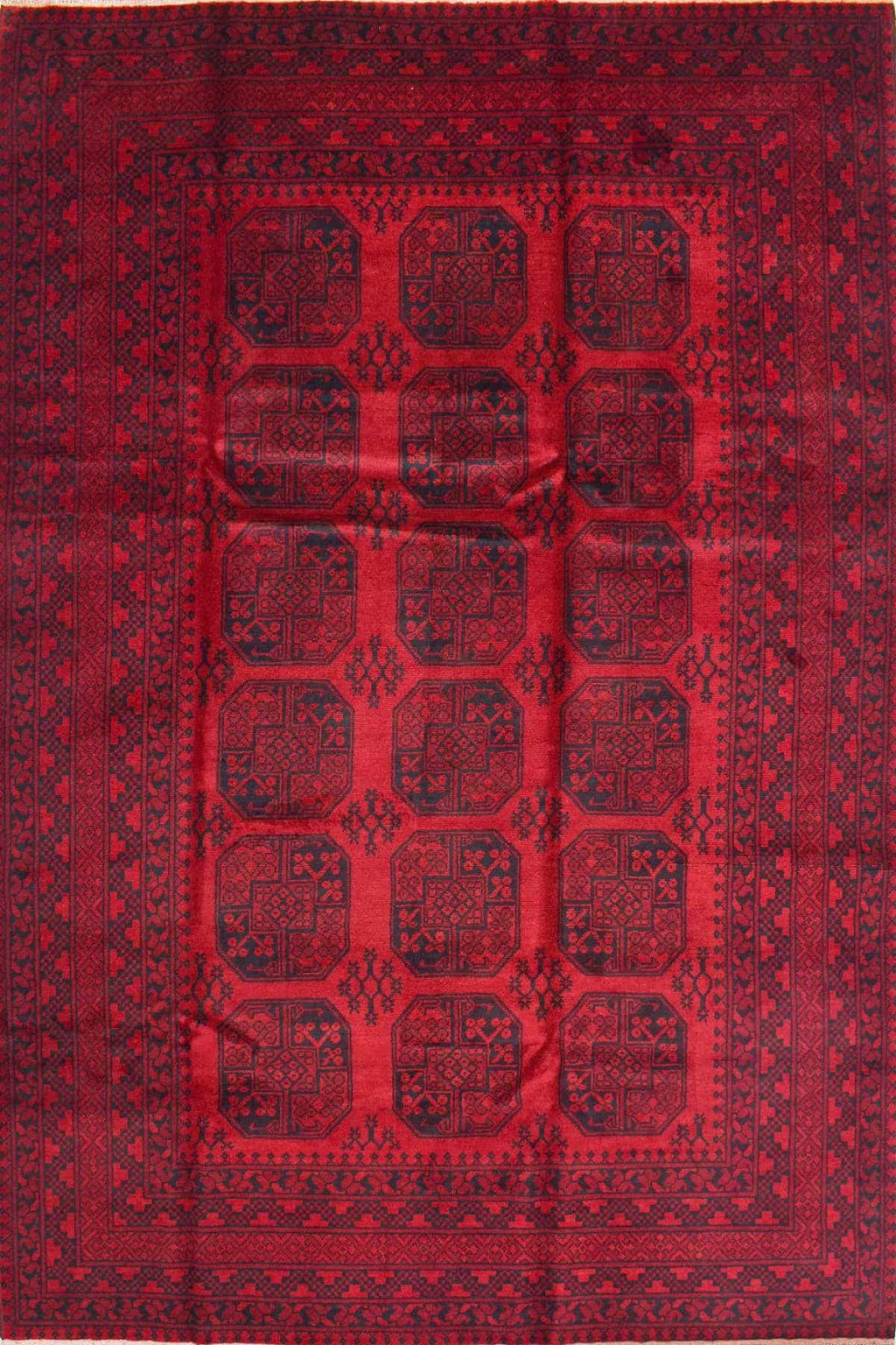 שטיח כפרי מלבני מצמר אדום בעיצוב אפגני