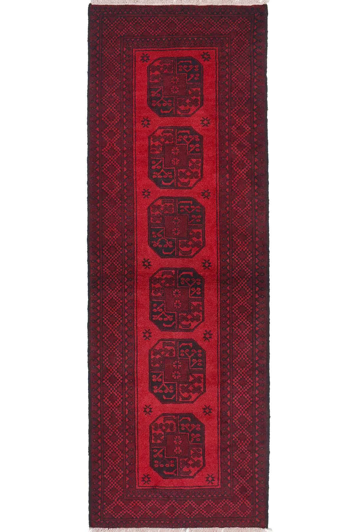 שטיח אדום כפרי בצורת ראנר מצמר בעיצוב אפגני