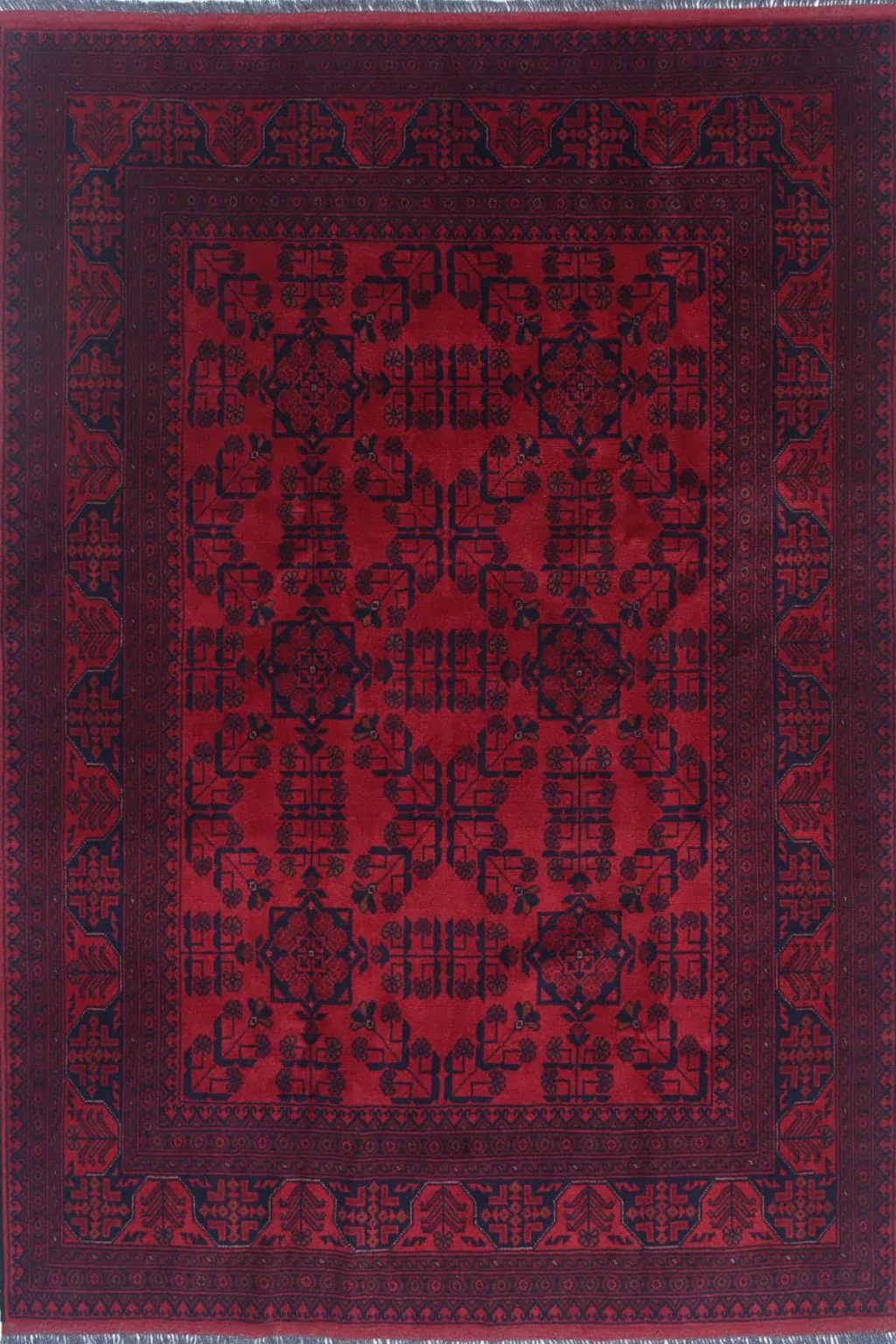 שטיח אפגני כפרי מלבני מצמר בצבע אדום