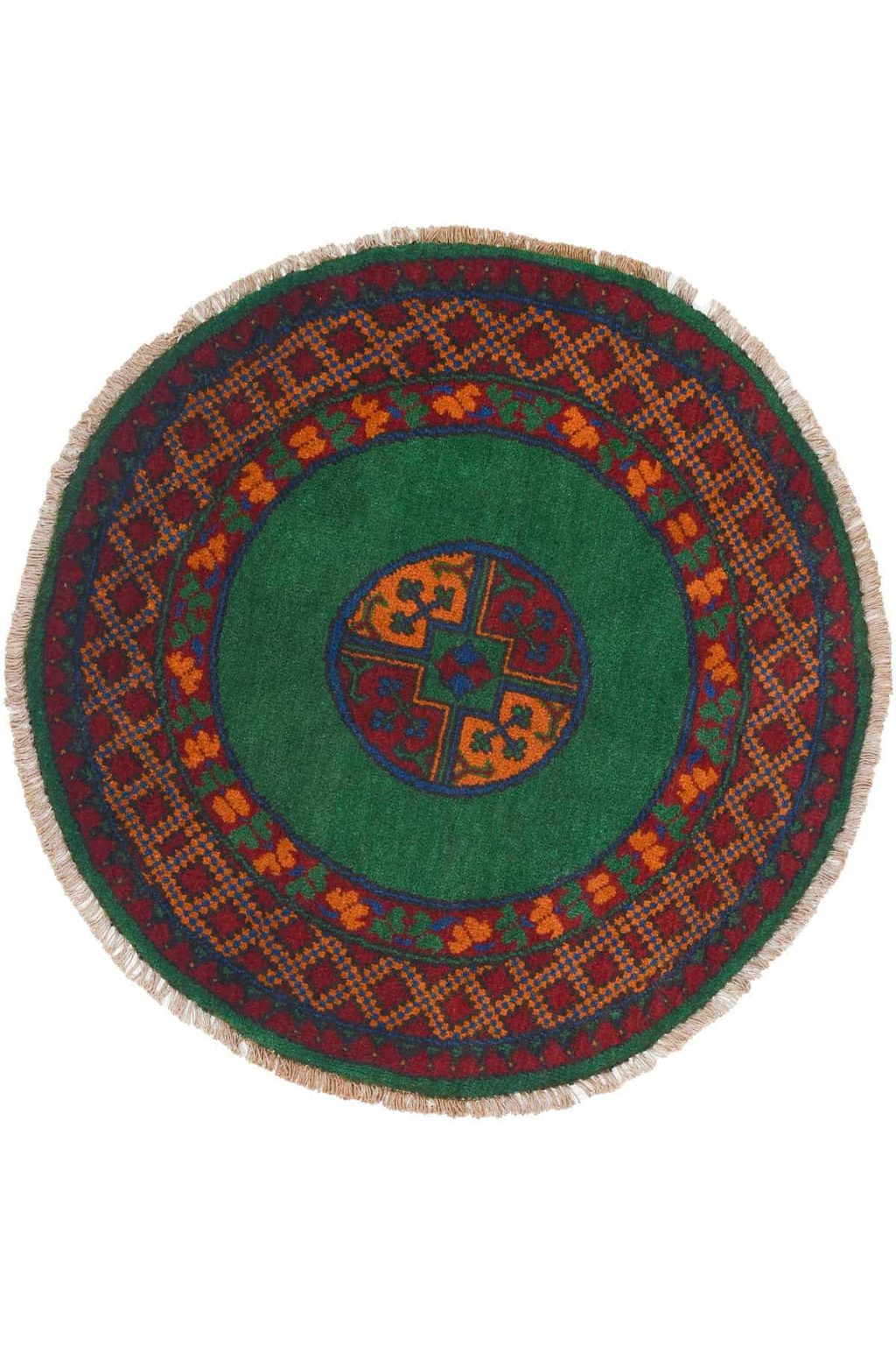 שטיח עגול כפרי בצבעי אדום וירוק עשוי צמר