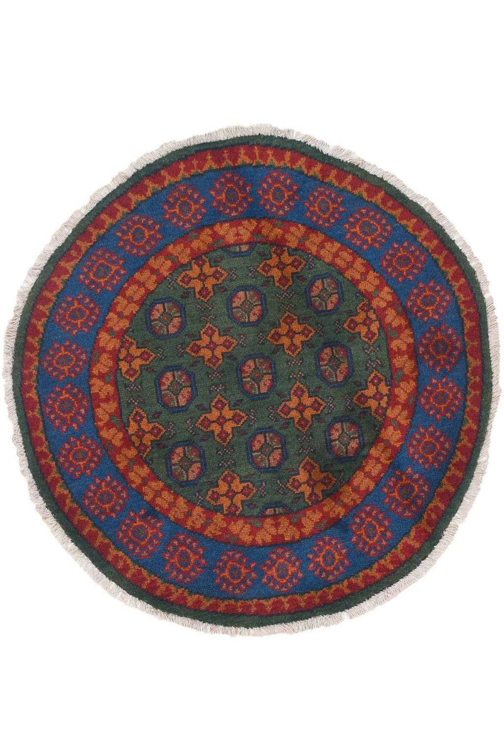 שטיח עגול בסגנון כפרי עשוי צמר בצבעי ירוק וכחול