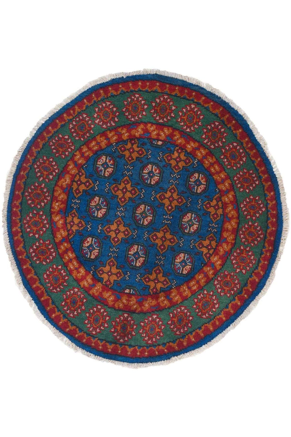 שטיח אפגן ՚כפרי՚ עגול מצמר בצבע ירוק