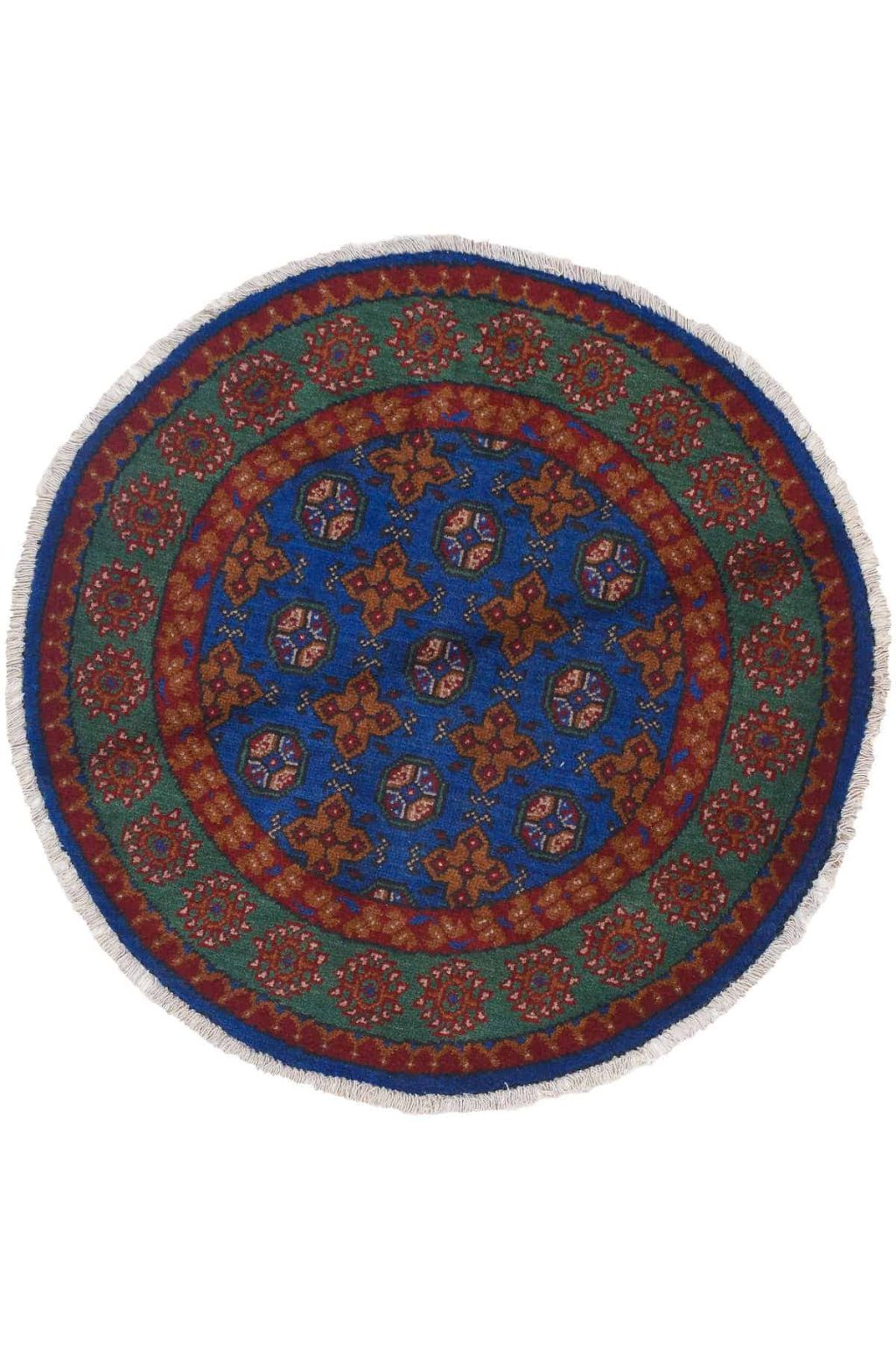 שטיח אפגן בוכרה כפרי עגול מצמר בצבעים ירוק וכחול