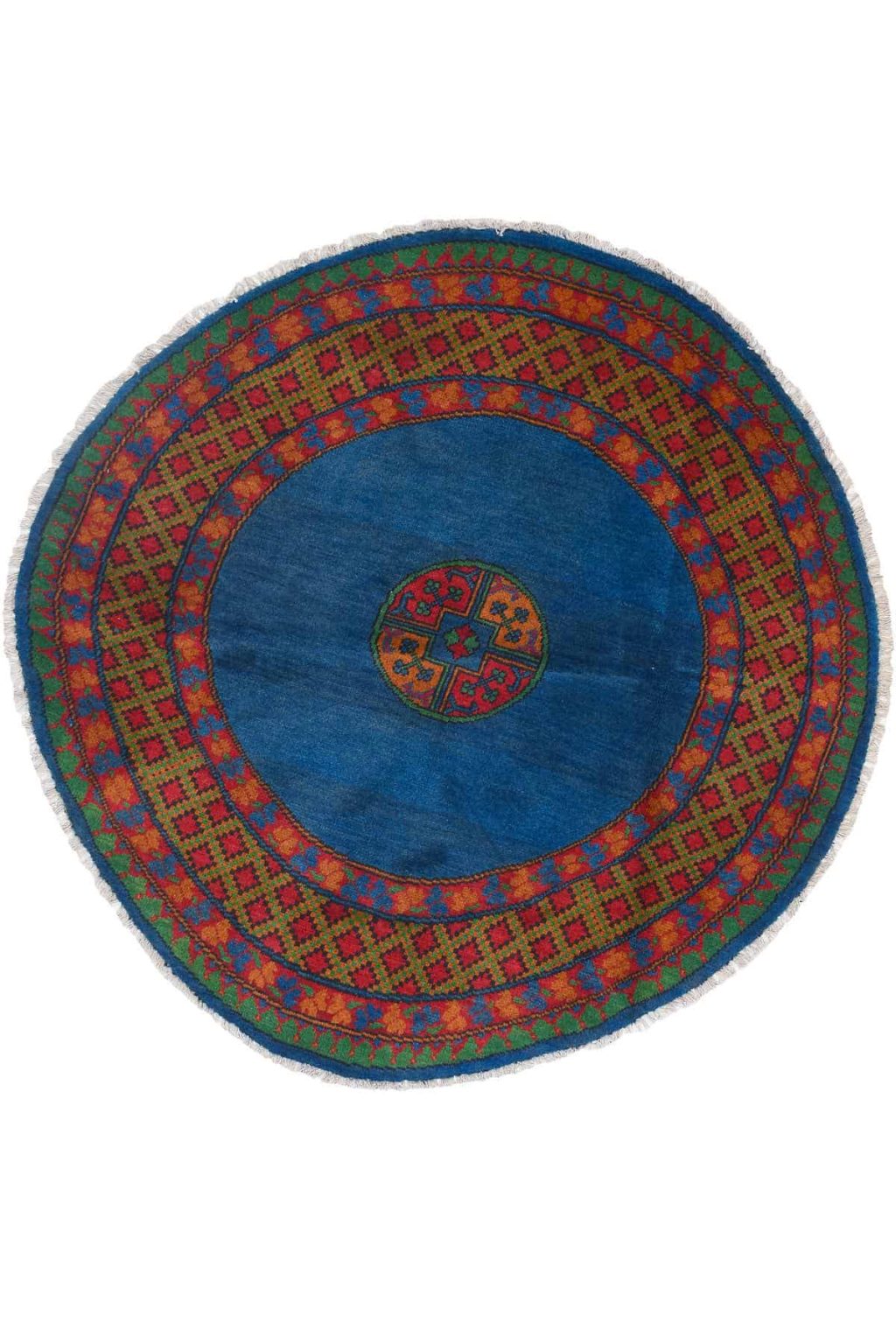 שטיח כפרי עגול בצבעים אדום וכחול עשוי צמר