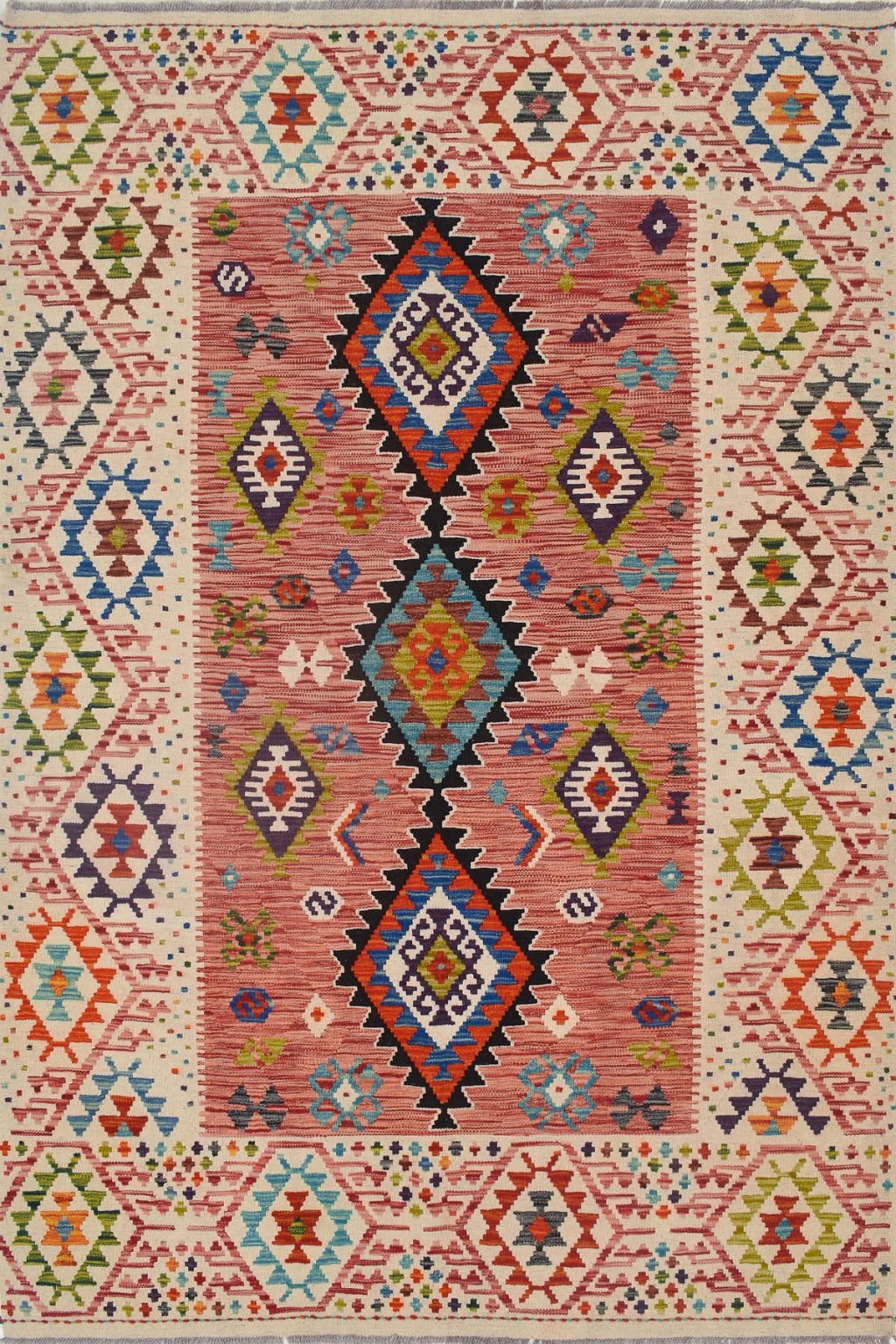 שטיח קילים כפרי מלבני פקיסטני צבעוני מצמר