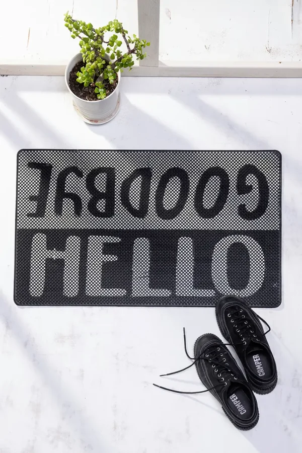 1593_3 שטיח כניסה לבית Hello-Goodbye שחור אפור