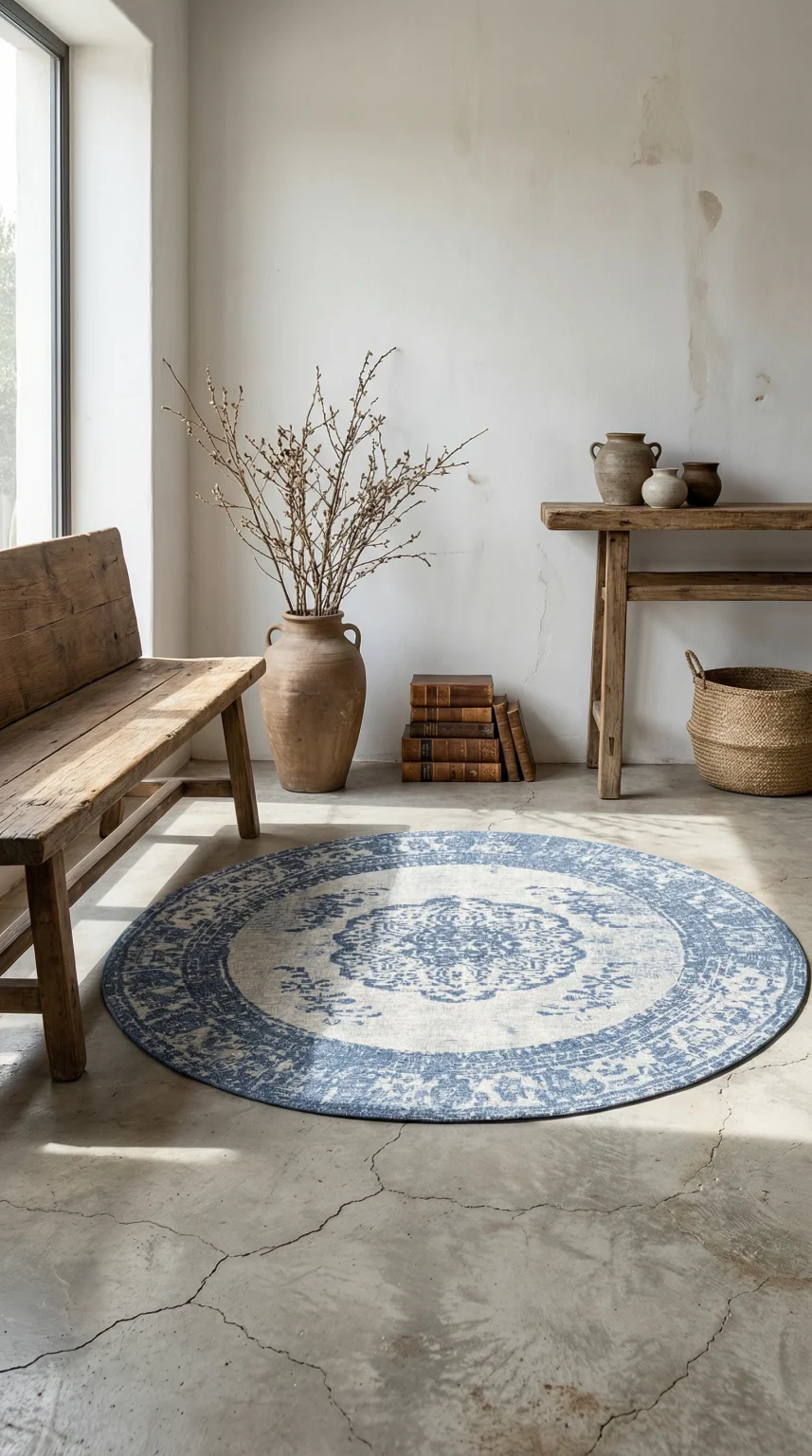 שטיח קרלוצ'י דגם KIMAR כחול עגול, Entryway, Minimalist White (High Key), Wabi-Sabi, Natural Daylight, styled props.