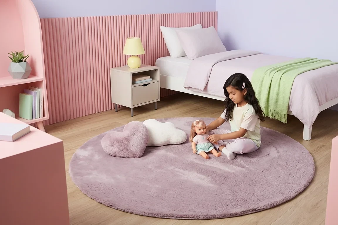 שטיח שאגי מויו MOYO33 | שטיח עגול ורוד, girls bedroom, Soft Pastels, Modern, Natural Daylight, styled props.