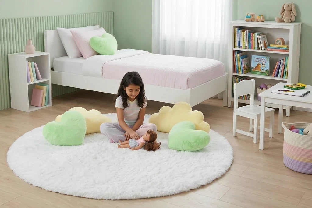 שטיח שאגי מויו MOYO21 | שטיח עגול, girls bedroom, Soft Pastels, Modern, Natural Daylight, styled props.