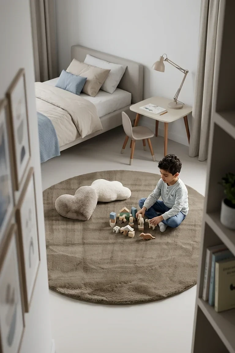 שטיח שאגי מויו MO102 בז' עגול, boys bedroom, Modern, Natural Daylight, styled props.