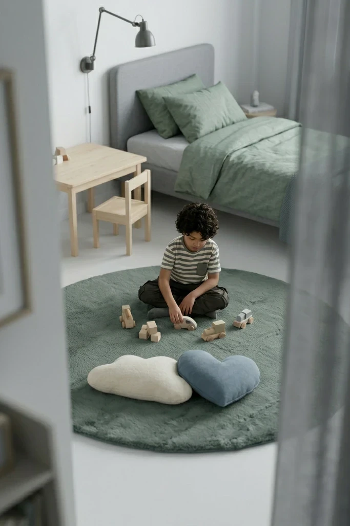 שטיח שאגי מויו MO45 ירוק עגול, boys bedroom, Modern, Natural Daylight, styled props.