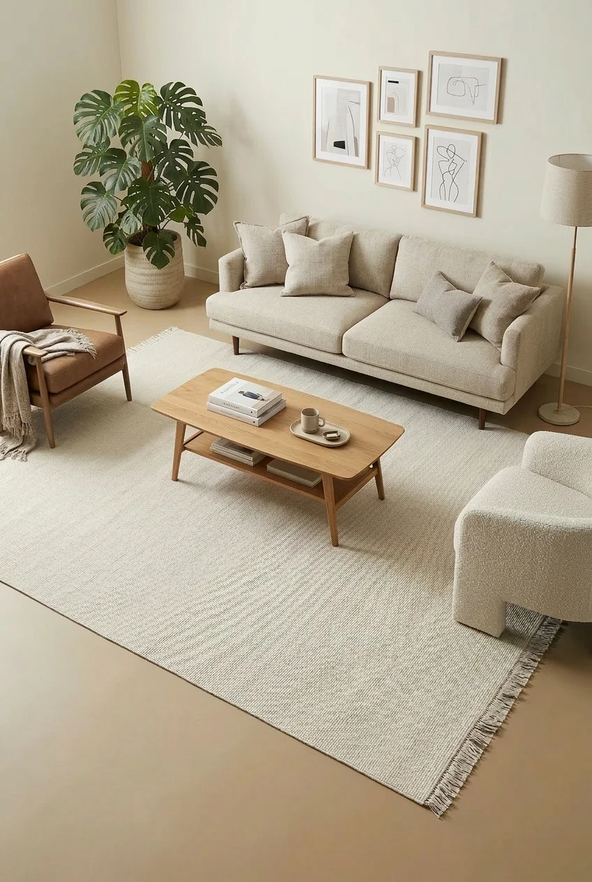 שטיח לופ PLZ-402 לבן עם פרנזים, Living Room, Scandi Neutrals, Modern, Natural Daylight, lifestyle props.
