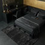 שטיח שאגי מויו MO31 אפור כהה, Bedroom with integrated desk, Dark Luxury (Noir), Modern, Studio Clean, styled props.