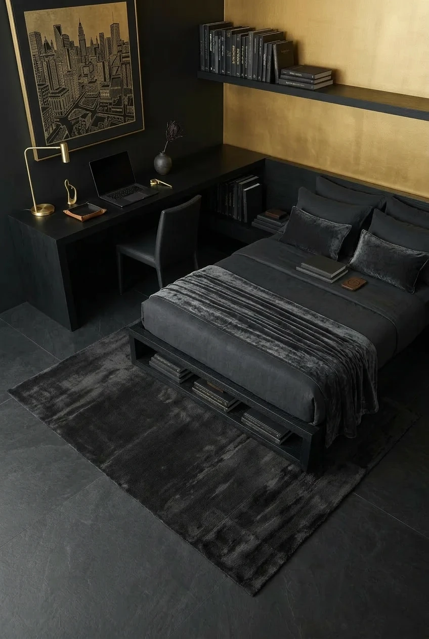 שטיח שאגי מויו MO31 אפור כהה, Bedroom with integrated desk, Dark Luxury (Noir), Modern, Studio Clean, styled props.