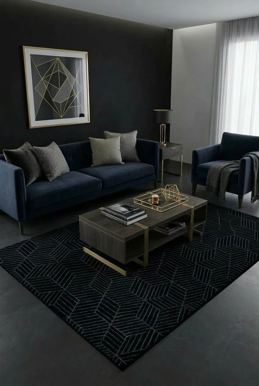 שטיח ארוקה PLZ2028 שחור, Living Room, Dark Luxury (Noir), Modern, Studio Clean, styled props.