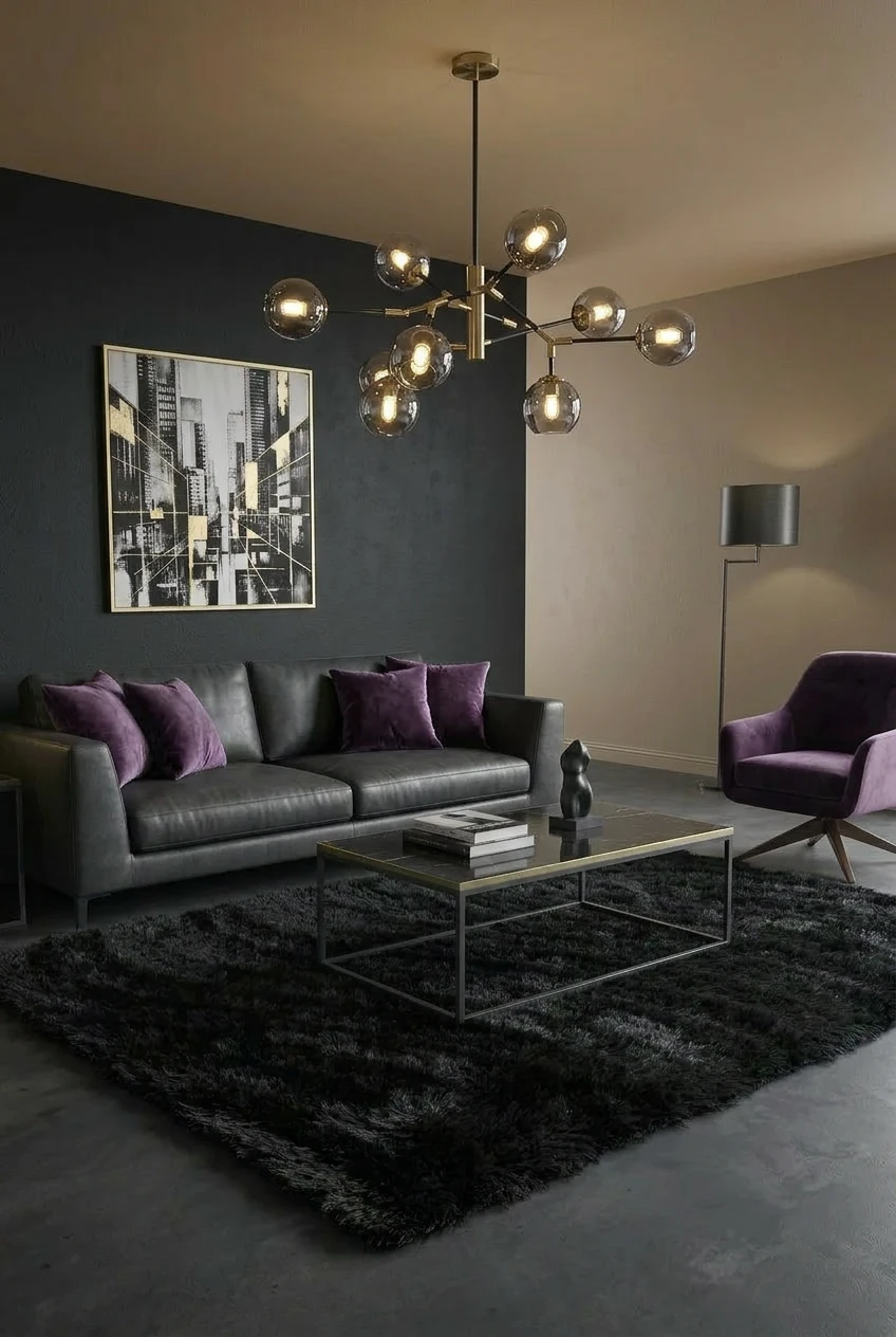 שטיח טאץ' גלים 014SM, Living Room, Dark Luxury (Noir), Modern, Studio Clean, styled props.