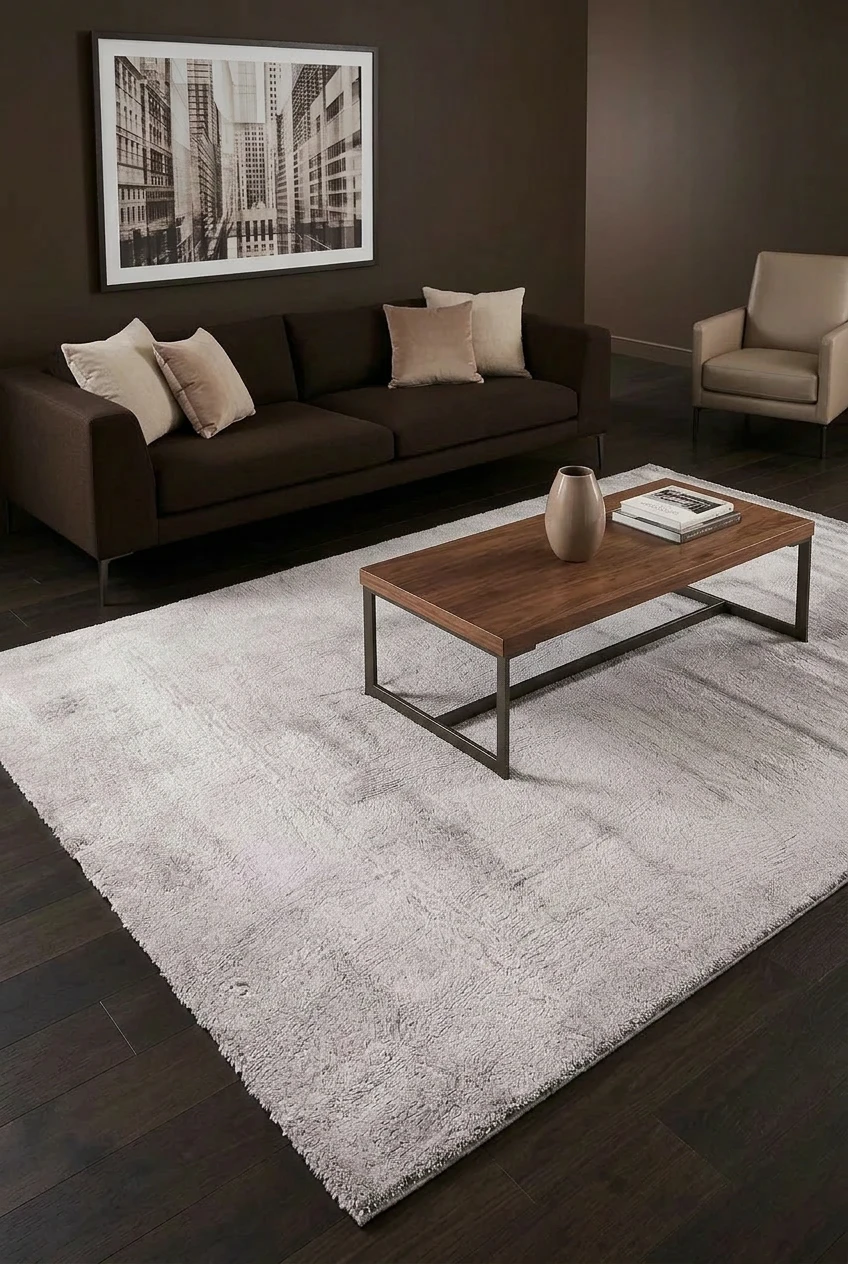 שטיח שאגי מויו MO03-07 פנינה בז', Living Room, Quiet Luxury (Mocha & Espresso), Modern, Studio Clean, styled props.