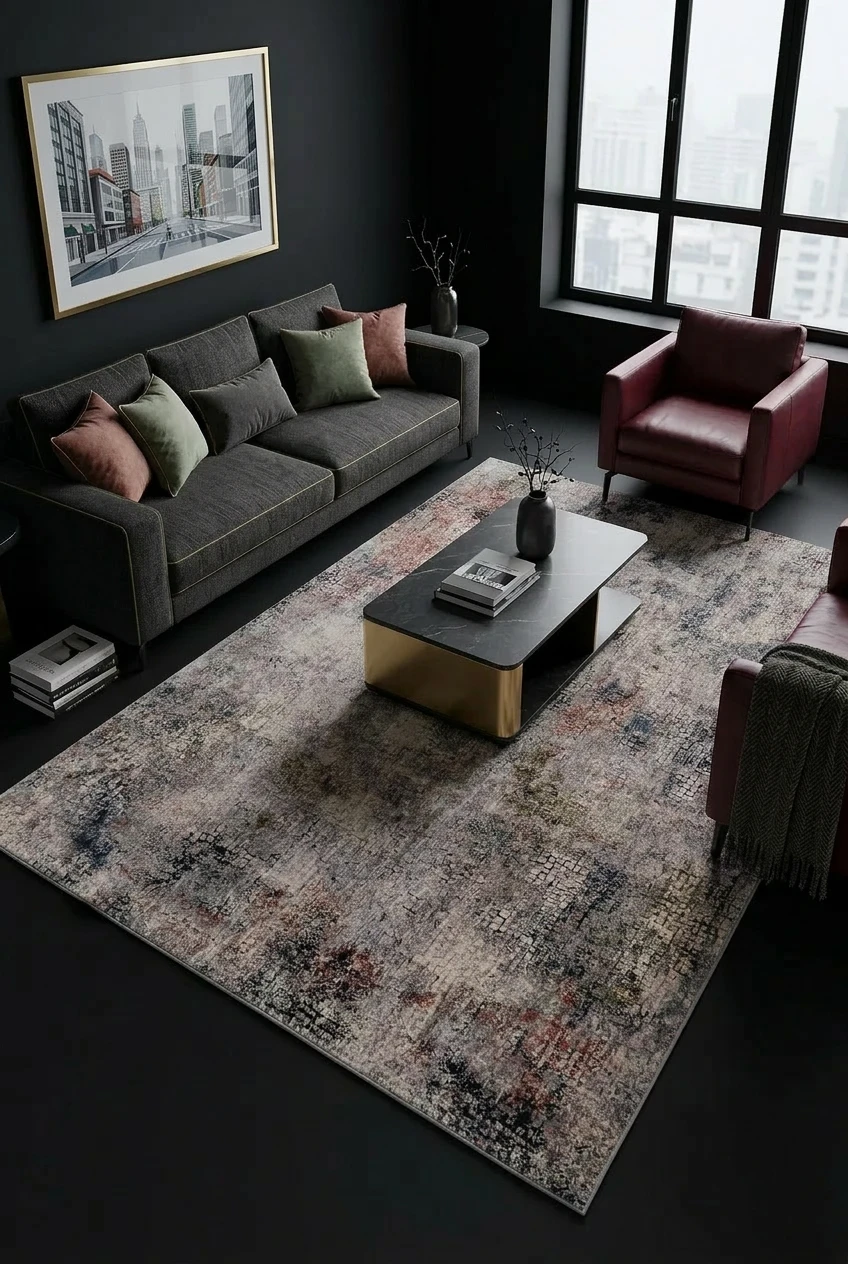 שטיח סיטי B584A, Living Room, Dark Luxury (Noir), Modern, Studio Clean, styled props.