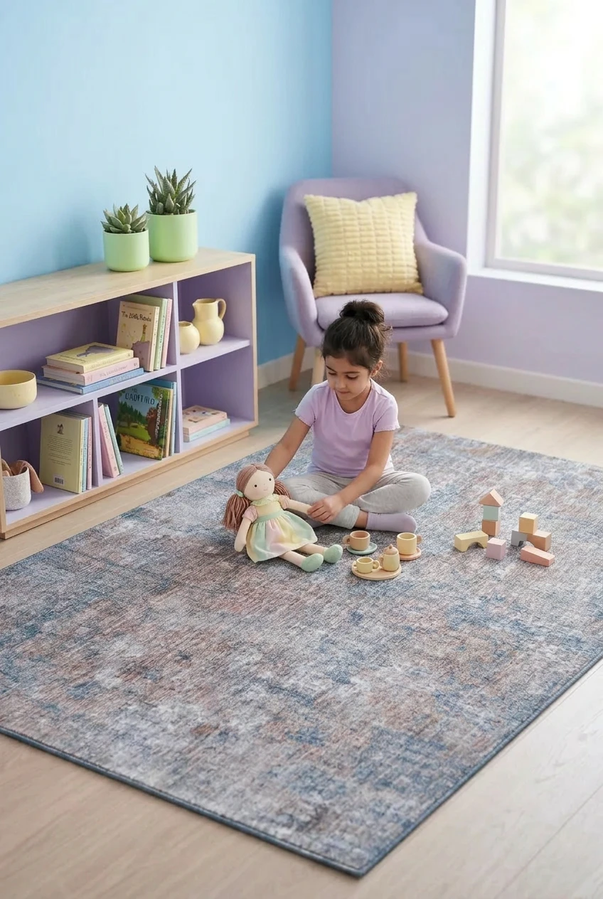 שטיח סיטי B512A, girls bedroom, Soft Pastels, Modern, Natural Daylight, lifestyle props.