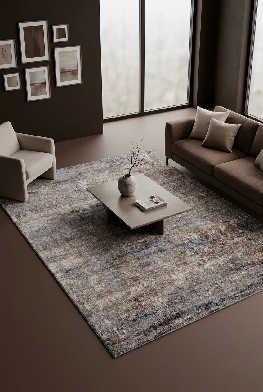 שטיח סיטי KB84A, Living Room, Quiet Luxury (Mocha & Espresso), Modern, Studio Clean, styled props.