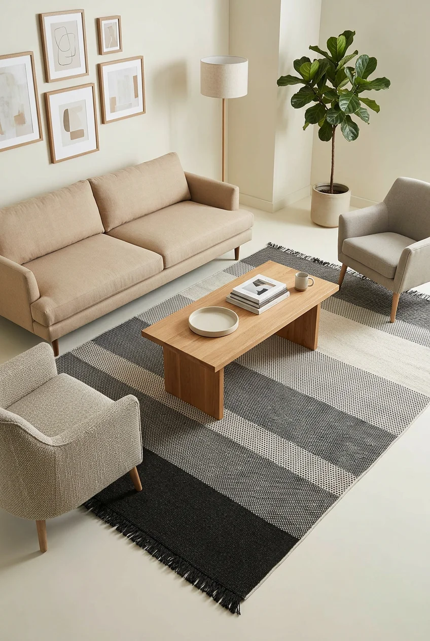 שטיח לופ PLZ-404 לבן אפור עם פרנזים, Living Room, Scandi Neutrals, Modern, Natural Daylight, lifestyle props.