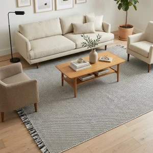 שטיח לופ PLZ-401 לבן אפור עם פרנזים, Living Room, Scandi Neutrals, Modern, Natural Daylight, lifestyle props.