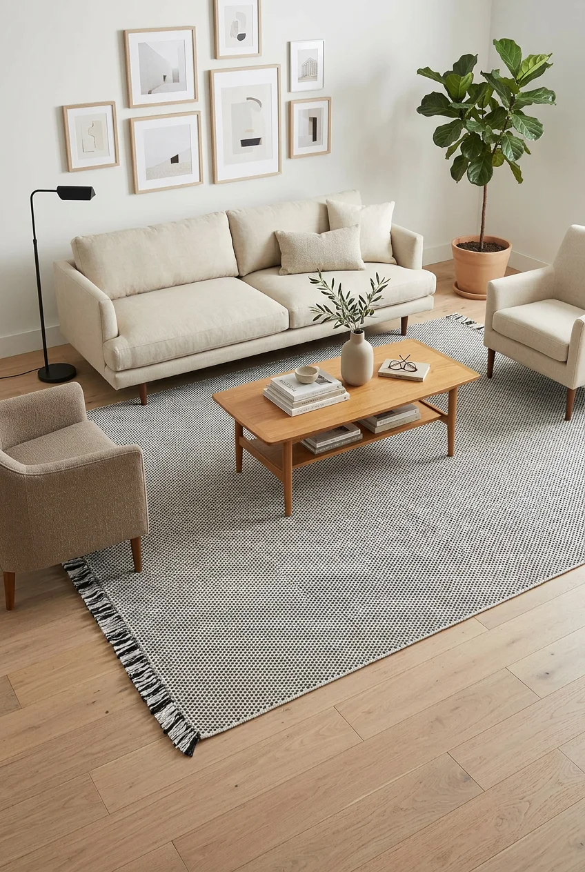 שטיח לופ PLZ-401 לבן אפור עם פרנזים, Living Room, Scandi Neutrals, Modern, Natural Daylight, lifestyle props.