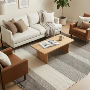 שטיח לופ PLZ-403 לבן בז' עם פרנזים, Living Room, Scandi Neutrals, Modern, Natural Daylight, lifestyle props.