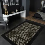 שטיח מנילה ETNID שחור לבן, Bedroom with integrated desk, Dark Luxury (Noir), Modern, Studio Clean, styled props.