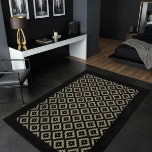 שטיח מנילה ETNID שחור לבן, Bedroom with integrated desk, Dark Luxury (Noir), Modern, Studio Clean, styled props.