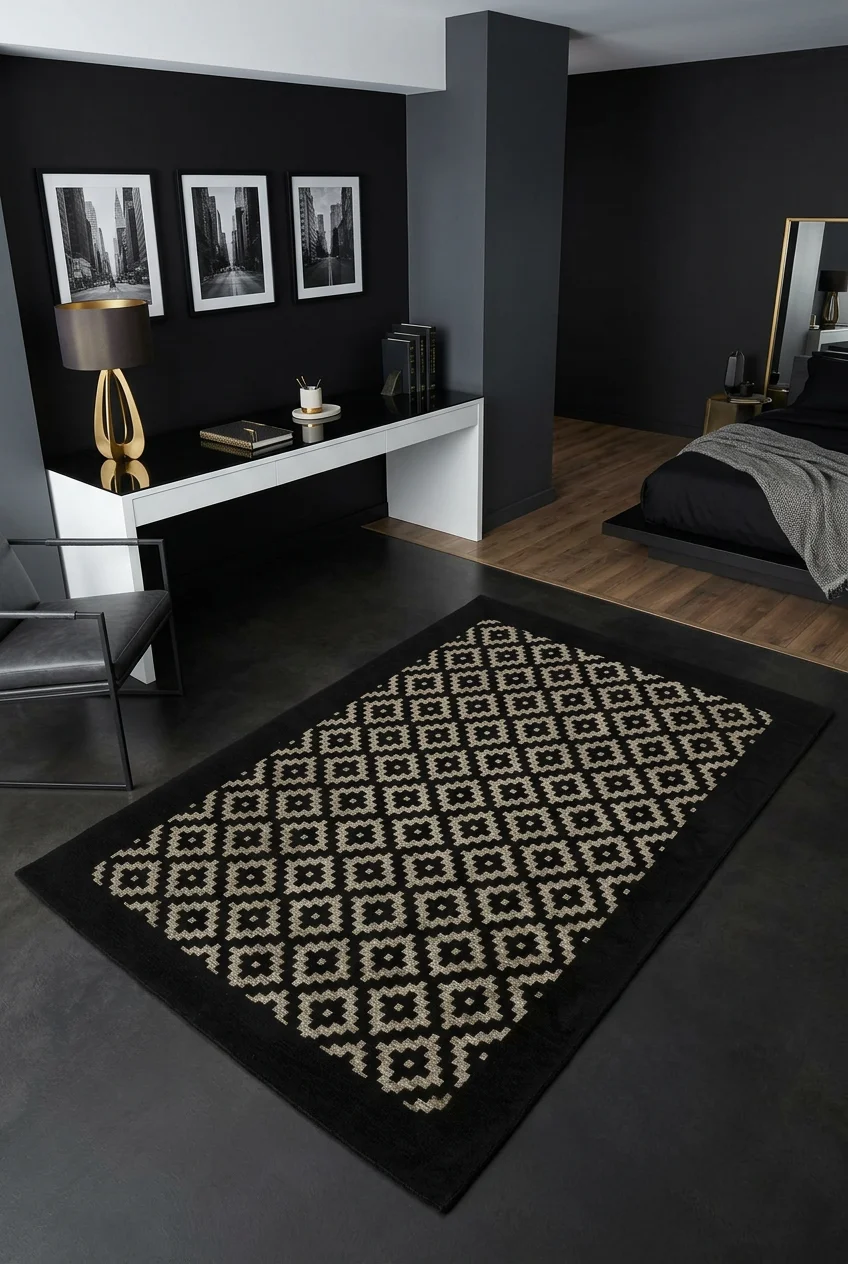 שטיח מנילה ETNID שחור לבן, Bedroom with integrated desk, Dark Luxury (Noir), Modern, Studio Clean, styled props.